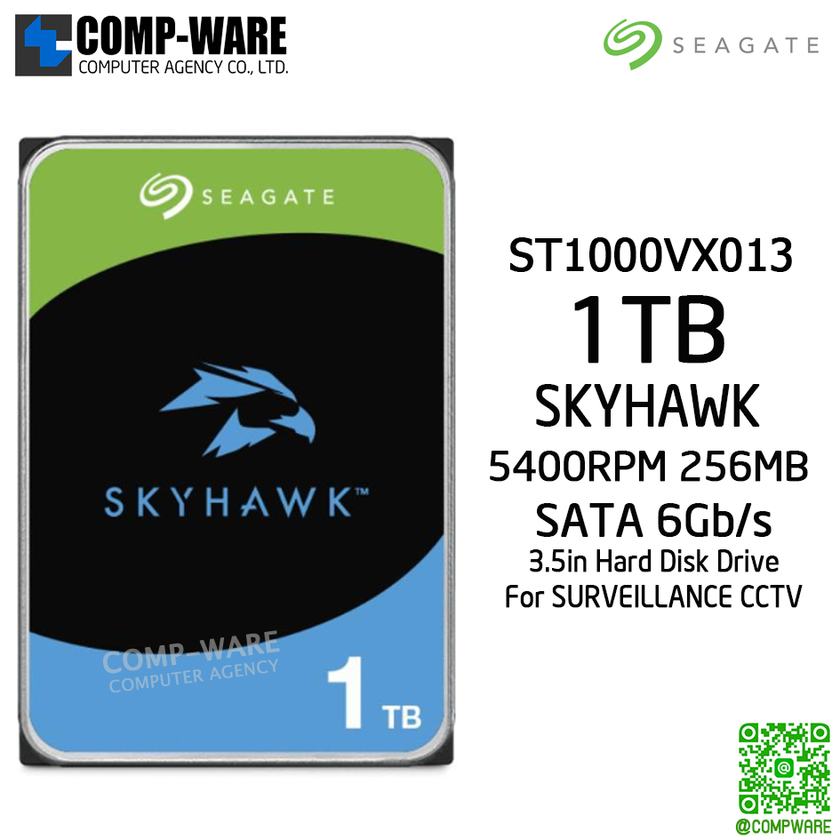 Seagate 1TB SkyHawk Surveillance Hard Drive - SATA 6Gb/s 5400RPM 256MB Cache 3.5-Inch Internal Drive - ST1000VX013 - 3Y Warranty