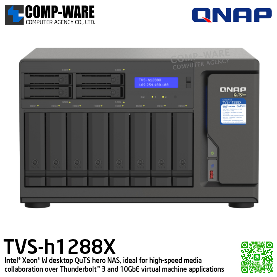 QNAP (Tower 12-Bay) TVS-h1288X-W1250-16G / Intel Xeon W-1250 (6C/12T) / 16GB DDR4 ECC / 8 x 2.5"/3.5" SATA 6Gbps + 4 x 2.5" SATA 6Gbps + 2 x M.2 NVMe PCIe Gen3 x4 / 550W Single PSU / 3Y Warranty , No HDD