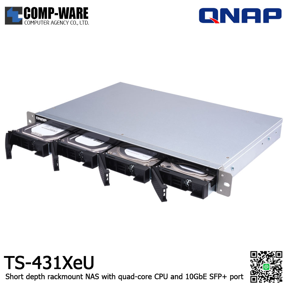 QNAP NAS (1U 4-Bay) TS-431XeU / Annapurna Labs Alpine AL-314 / 8GB RAM / 2x GbE , 1x 10GbE SFP+ / Single Power Supply / Rail Kit RAIL-B02 / No HDD / 3Y Warranty / TS-431XeU-8G
