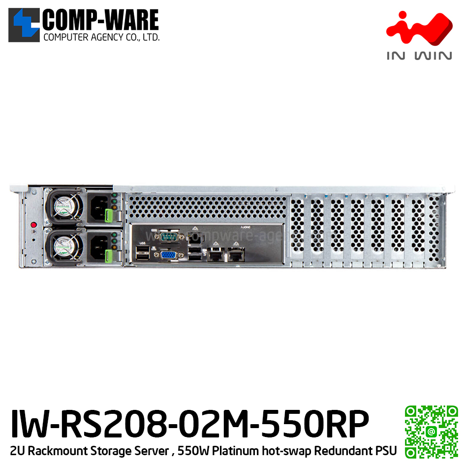 IN-WIN IW-RS208-02M-550RP 2U Rackmount Middle Depth Storage Server, 550W Platinum hot-swap Redundant Power Supply (เคสเปล่า+พาวเวอร์ซัพพลาย) รับประกัน 3ปี