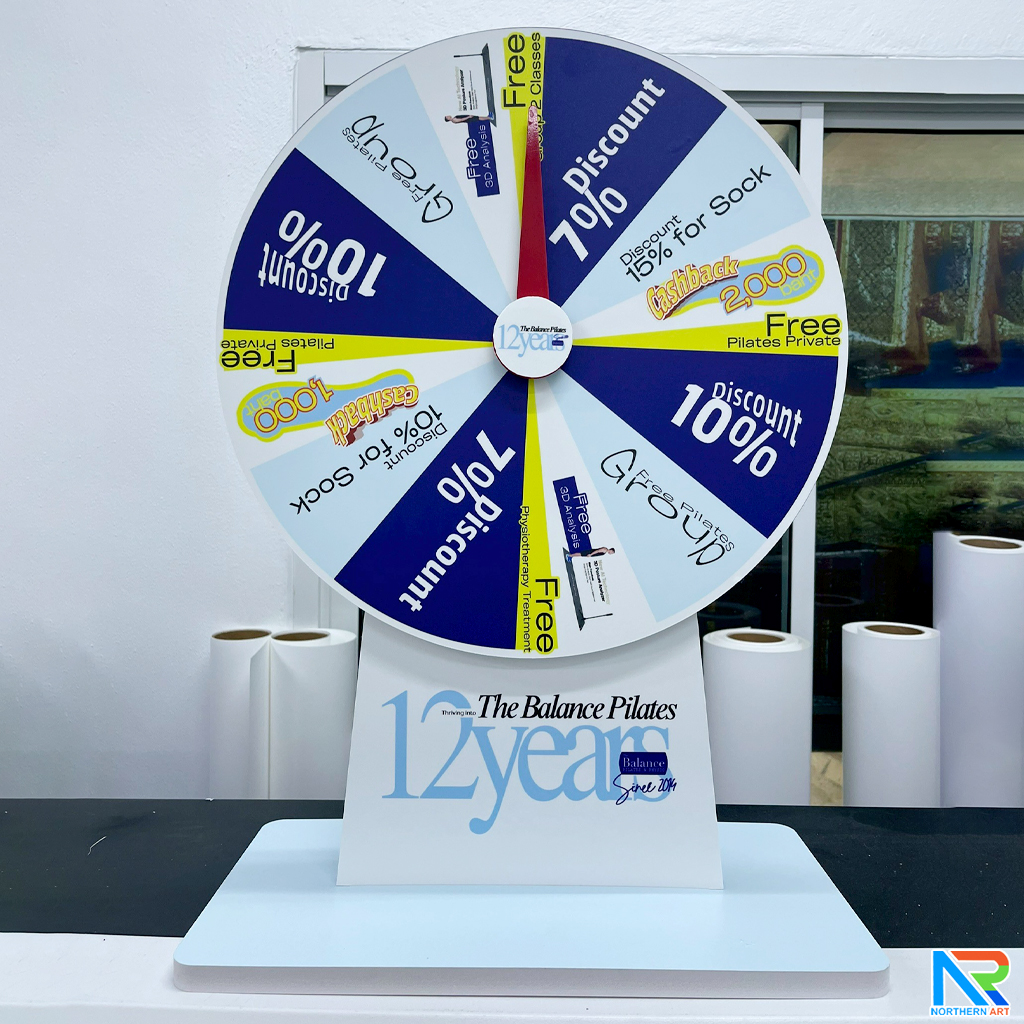 เกมส์วงล้อตั้งโต๊ะ ขนาดวงล้อ 40 ซม. สูง 56 ซม. วัสดุพลาสวูดสีขาว หนา 8-15 มม. ถอดประกอบได้