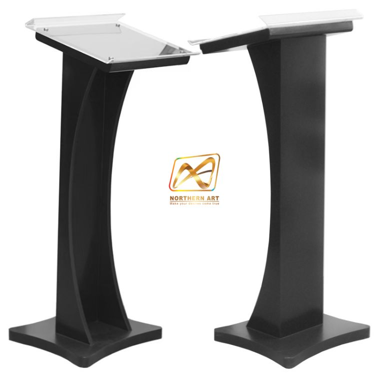 โพเดียมไม้ สีดำ ขนาด (W) 48 x (L) 40 x (H) 120 cm. Top เอียง ปิดทับอะคริลิคใสพร้อมหมุด