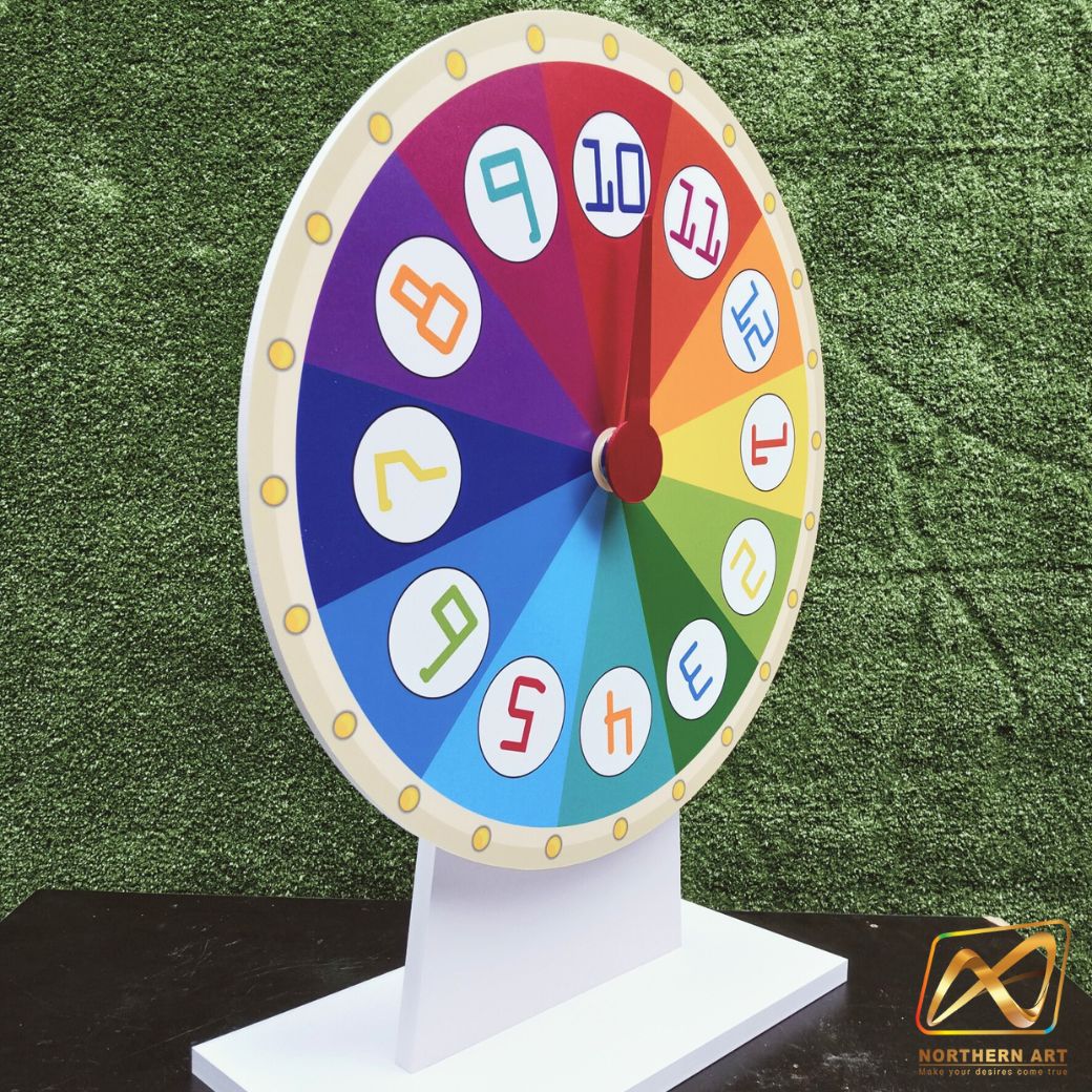 เกมส์วงล้อตั้งโต๊ะ ขนาดวงล้อ 50 ซม. สูง 61.5 ซม. วัสดุพลาสวูดสีขาว หนา 8-15 มม. ถอดประกอบได้