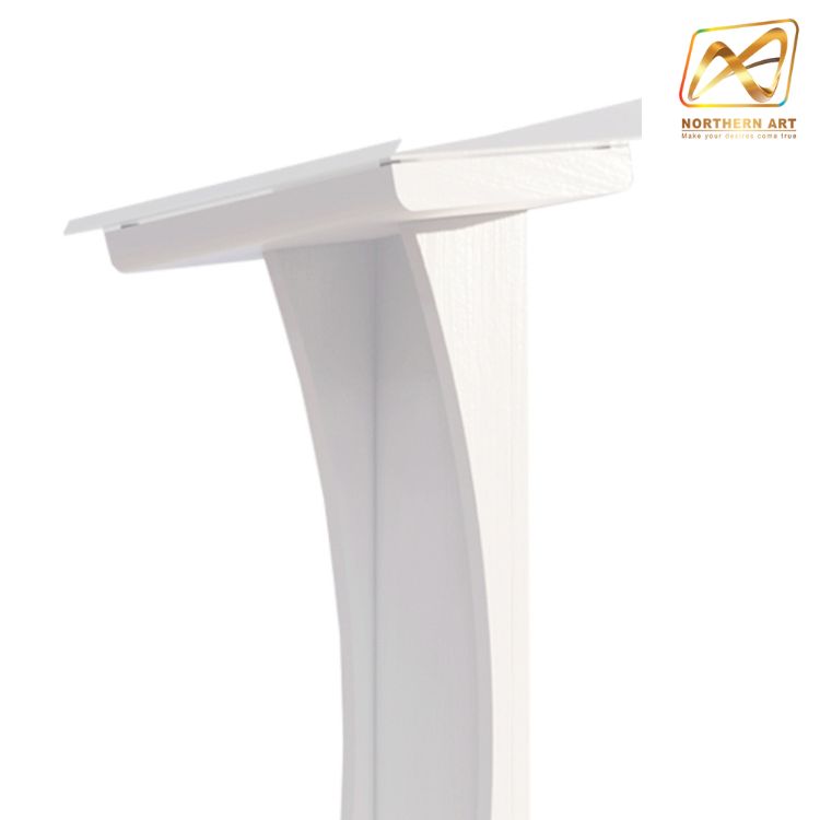 โพเดียมไม้ สีขาว ขนาด (W) 48 x (L) 40 x (H) 120 cm. Top เอียง ปิดทับอะคริลิคใสพร้อมหมุด