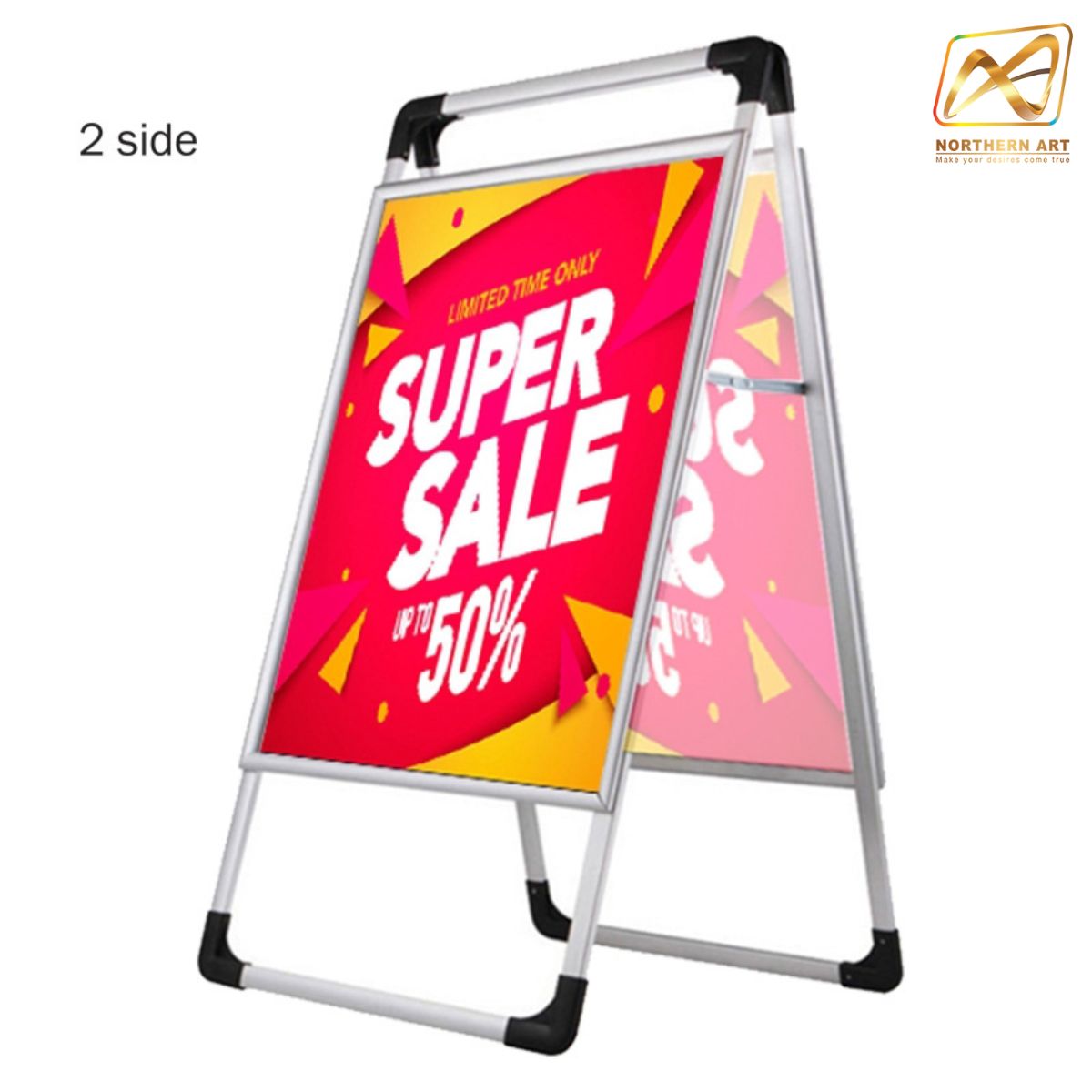 ป้ายตั้งพื้น อะลูมิเนียม มีด้ามจับ (W) 63 X (L) 83 X (H) 125 cm.โชว์งานพิมพ์ 2 ด้าน พับเก็บได้ เคลื่อนย้ายสะดวก