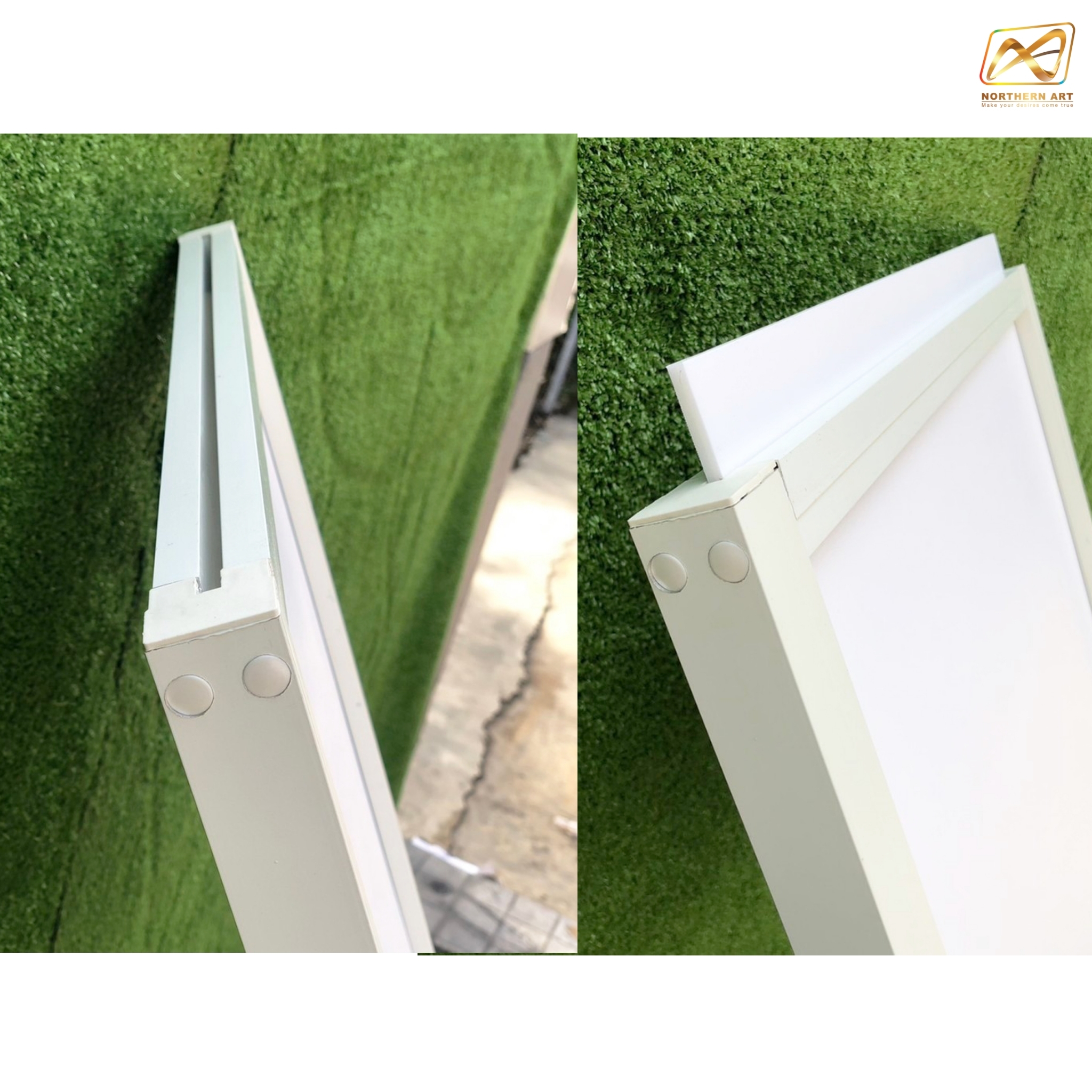 โปสเตอร์สแตนด์ อะลูมิเนียม สีขาว เสาคู่ ขนาด (W)60 x (L)44 x (H)153 cm. ฐานเหล็กสี่เหลี่ยม สอดงานพิมพ์ด้านบน โชว์งานพิมพ์ 2 ด้าน ถอดประกอบได้