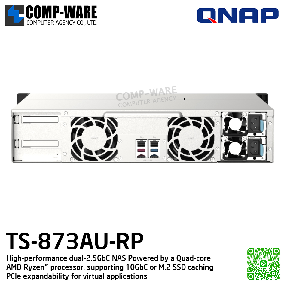 QNAP (2U 8-Bay) TS-873AU-RP-4G / AMD Ryzen V1500B (4C/8T) / 4GB (1 x 4GB) DDR4 / 8 x 2.5"/3.5" SATA 6Gbps / 2 x 2.5GbE / 2 x 300W PSU / 3Y Warranty , No HDD , No Rail kit