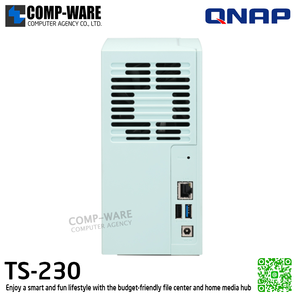 QNAP (Tower 2-Bay) TS-230 / ARM 1.4GHz (4Core) / 2GB DDR4 / 2 x 2.5" & 3.5" SATA 6Gb/s / 1 x GbE / Adapter Power / 2Y Warranty / No HDD