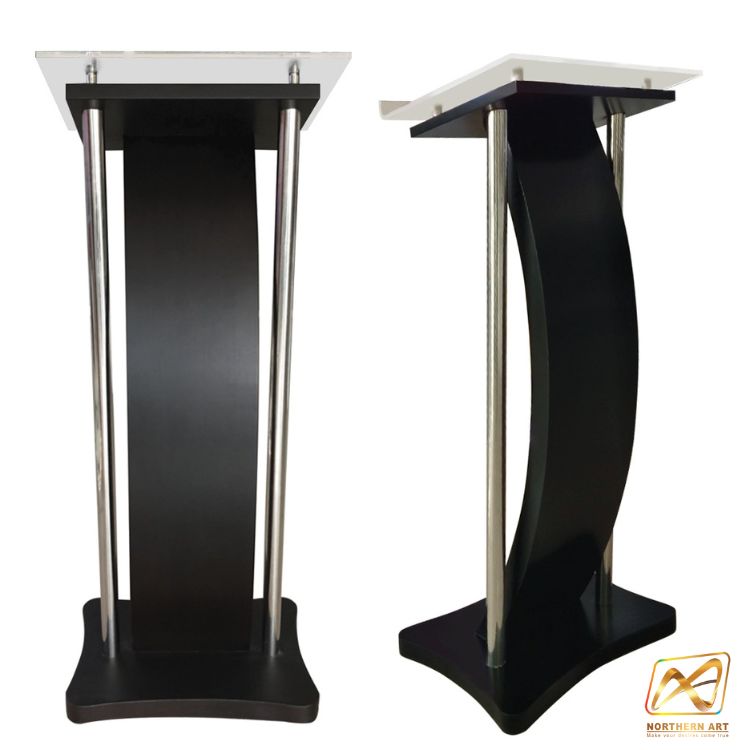 โพเดียมไม้ สีดำ ขนาด (W) 41 x (L) 50 x (H) 120 cm. พร้อมเสาสแตนเลสคู่ TOP เอียง อะคริลิคใส ติดหมุด