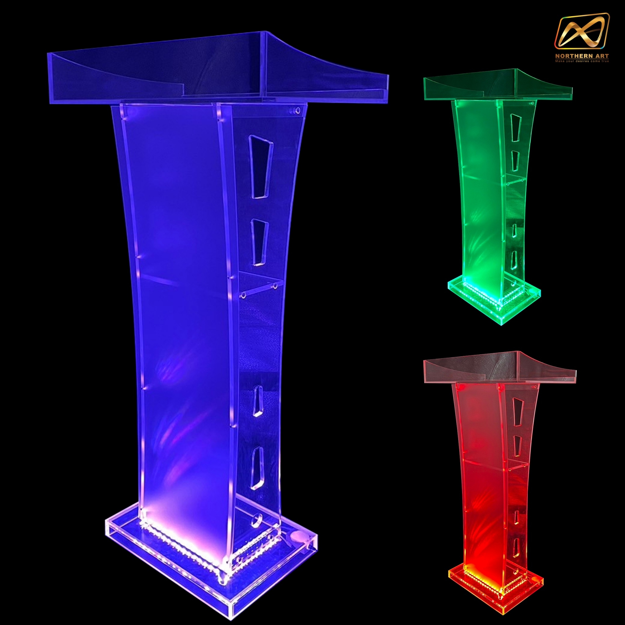 โพเดียมอะคริลิค เรืองแสงLED เปลี่ยนสีได้ พร้อมรีโมท TOP ตรง ขนาด (W) 60 x (L) 40 x (H) 113 ซม.