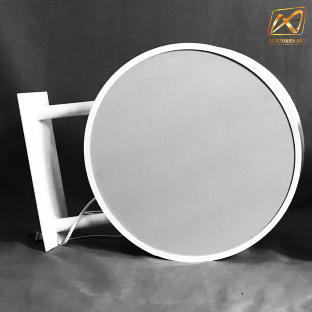 ตู้ไฟLEDทรงกลม 2 หน้า ขอบสีขาว หน้าเรียบ พร้อมอะคริลิคหน้าเรียบ พร้อมขายื่น ติดตั้งง่าย ( ราคาเฉพาะโครงตู้ ไม่รวมงานพิมพ์ )