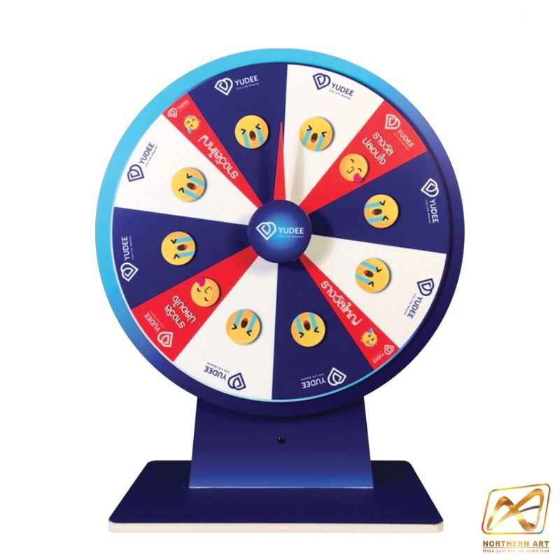 เกมส์วงล้อตั้งโต๊ะ ขนาดวงล้อ 50 ซม. สูง 61.5 ซม. วัสดุพลาสวูดสีขาว หนา 8-15 มม. ถอดประกอบได้