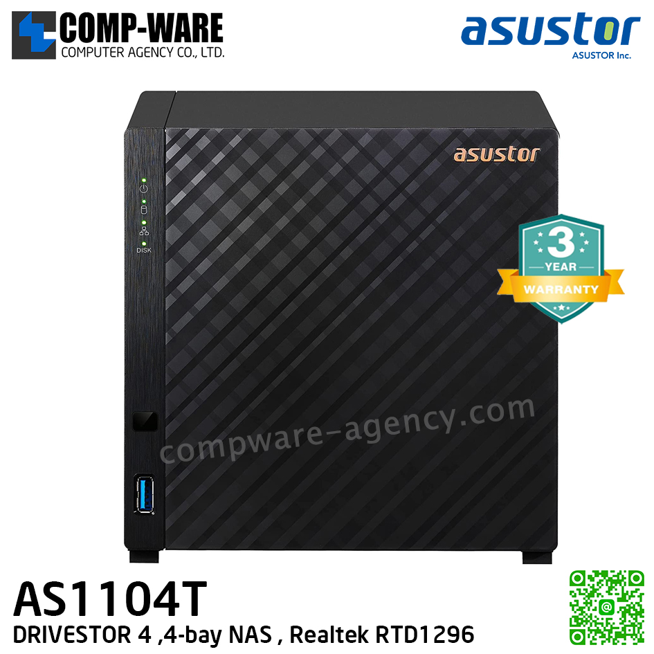 Asustor (4-Bay) AS1104T Realtek RTD1296, Quad-Core 1.4GHz, RAM 1GB, 2.5GbE x1, USB3.2 Gen1 x2,, 3Years Warranty , No HDD
