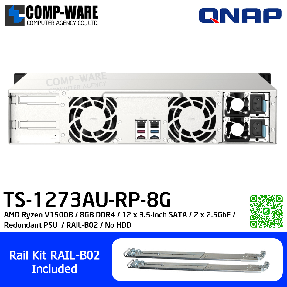 QNAP NAS (2U 12-Bay) TS-1273AU-RP / AMD Ryzen V1500B / 8GB DDR4 / 12 x 3.5-inch SATA / 2 x 2.5GbE / Redundant PSU / RAIL-B02 / No HDD / TS-1273AU-RP-8G / 3Y Warranty