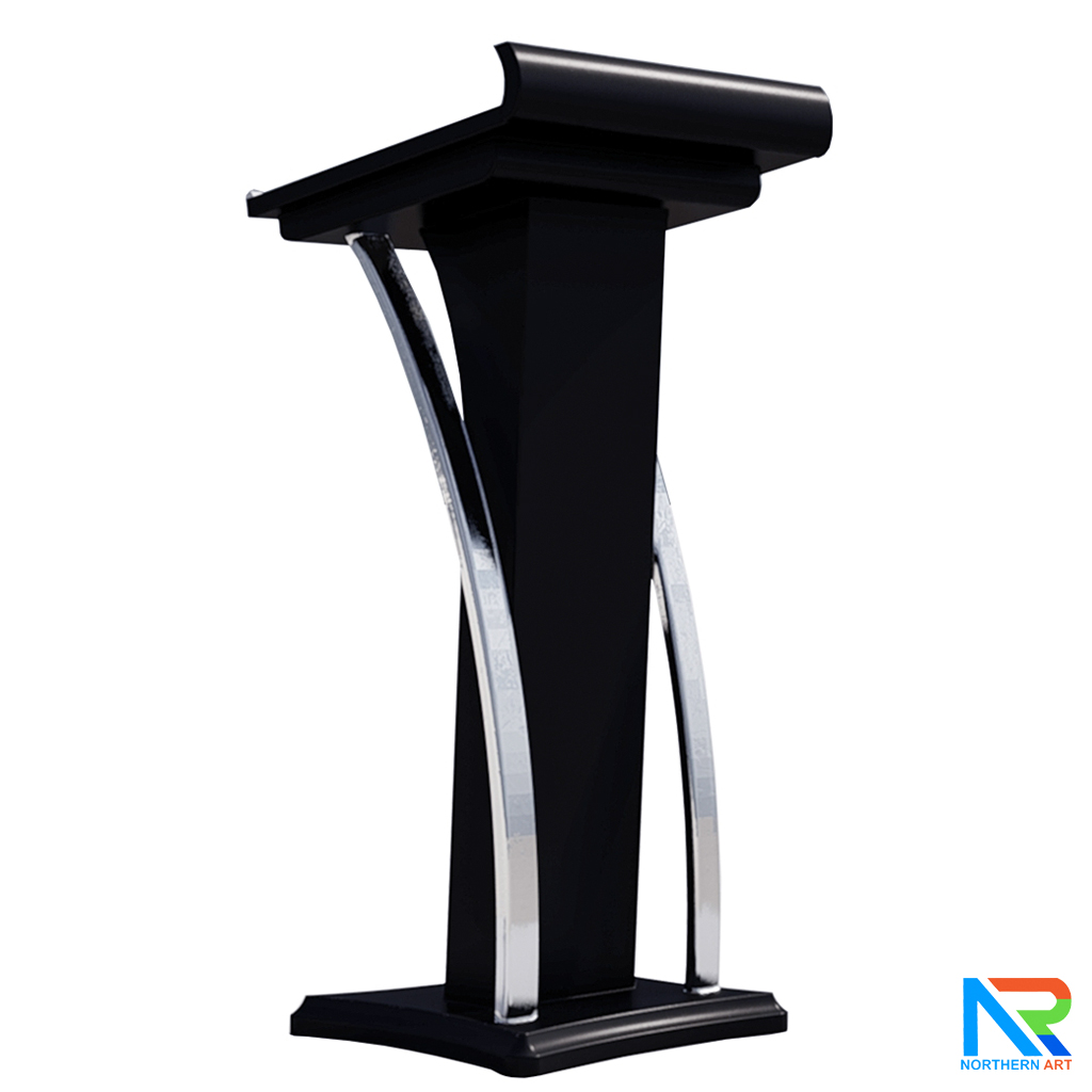 โพเดียมไม้ สีดำ ตกแต่งสแตนเลสเกรด304 ขนาด (W) 55 x (L) 50 x (H) 120 cm.