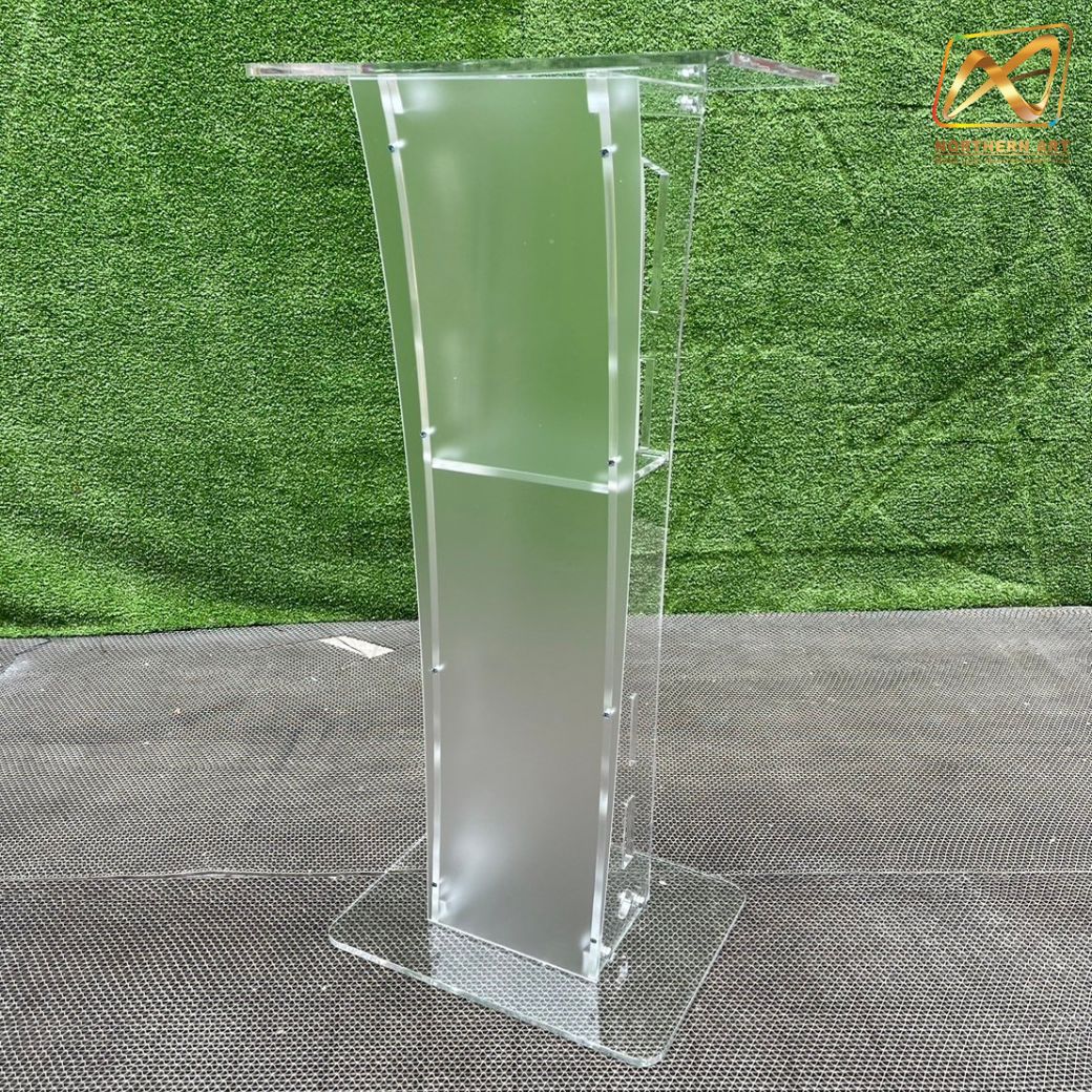 โพเดียมอะคริลิคใส รุ่น AC-11 ด้านหน้าอะคริลิคฝ้า TOP ตรง ขนาด (W)47 x (L)37 x (H)100.5 cm.
