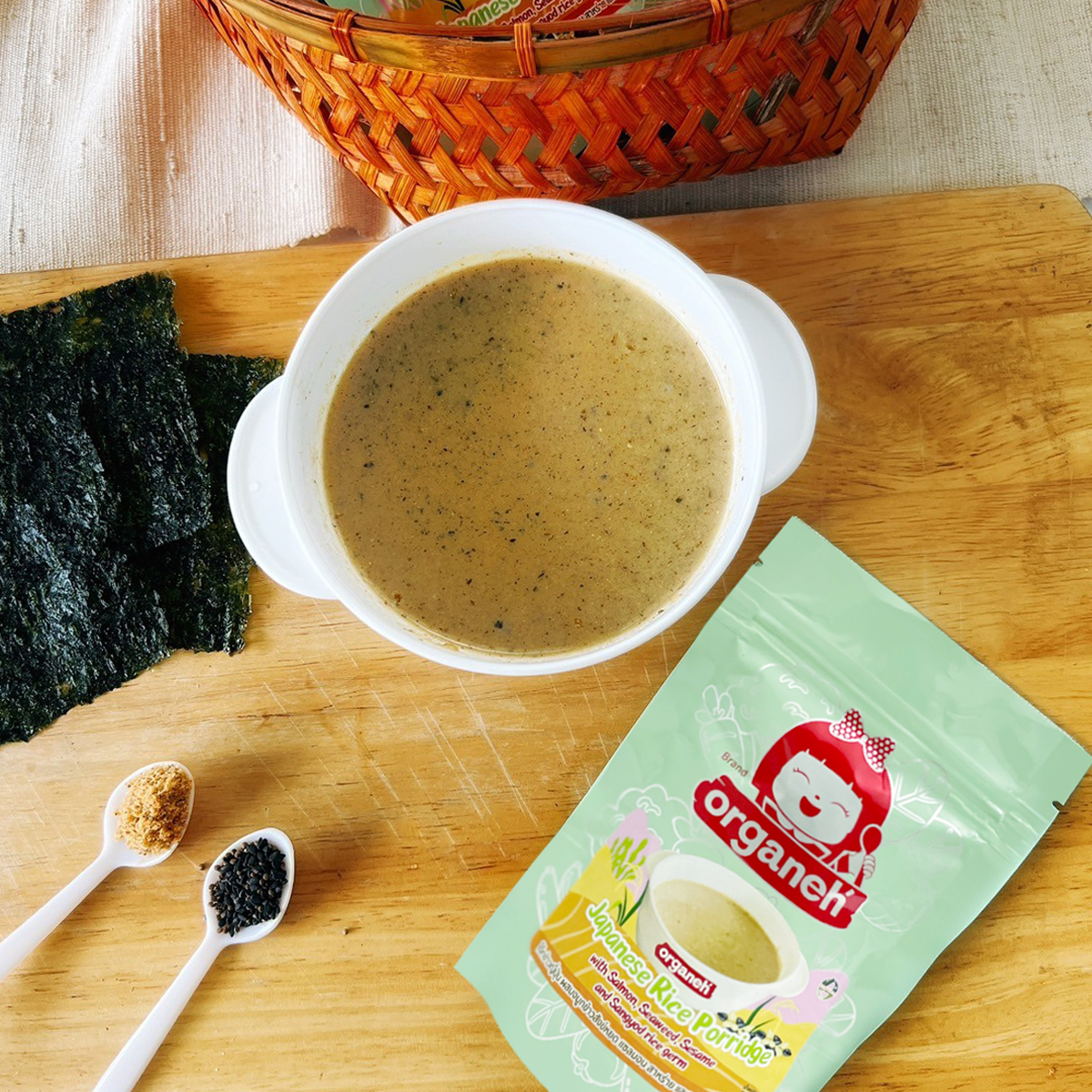 โจ๊กข้าวญี่ปุ่น จมูกข้าวสังข์หยด แซลมอน งา สาหร่าย