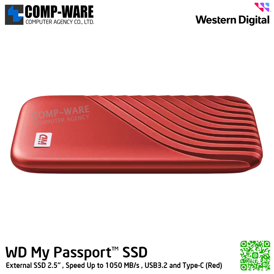 WD 1TB My Passport SSD External SSD 2.5" , Speed Up to 1050 MB/s , USB3.2 and Type-C (Red) WDBAGF0010BRD-WESN รับประกัน 3 ปี