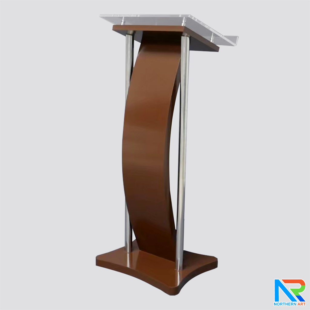 โพเดียมไม้ สีโอ๊ค ขนาด (W) 41 x (L) 50 x (H) 120 cm. พร้อมเสาสแตนเลสคู่ TOP เอียง อะคริลิคใส ติดหมุด