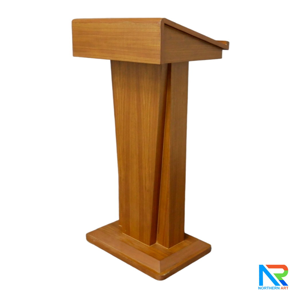 โพเดียมไม้ สีโอ๊ค ทรงโมเดิร์น TOP เอียง ขนาด (W)58 x (L)46 cm. สูง 114 cm. พร้อมตู้ใส่ของ มีกุญแจล็อค