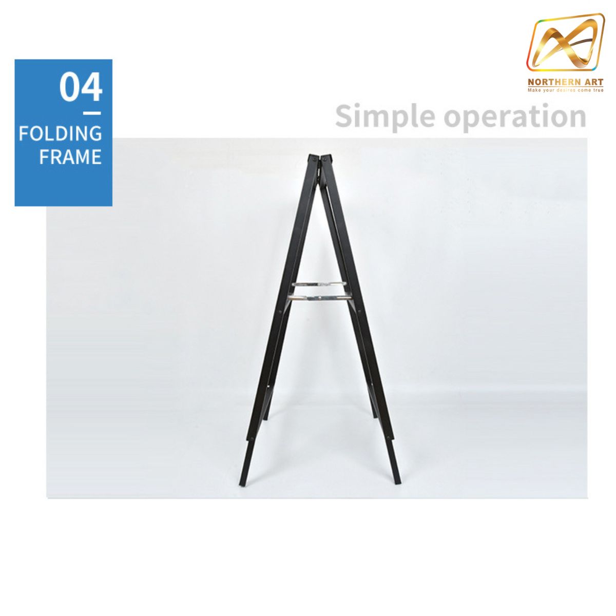 ป้ายตั้งพื้นเหล็ก สีดำ มีด้ามจับ ขนาด 60x90 cm. โชว์งานพิมพ์ 1 ด้าน พับเก็บได้ เคลื่อนย้ายสะดวก