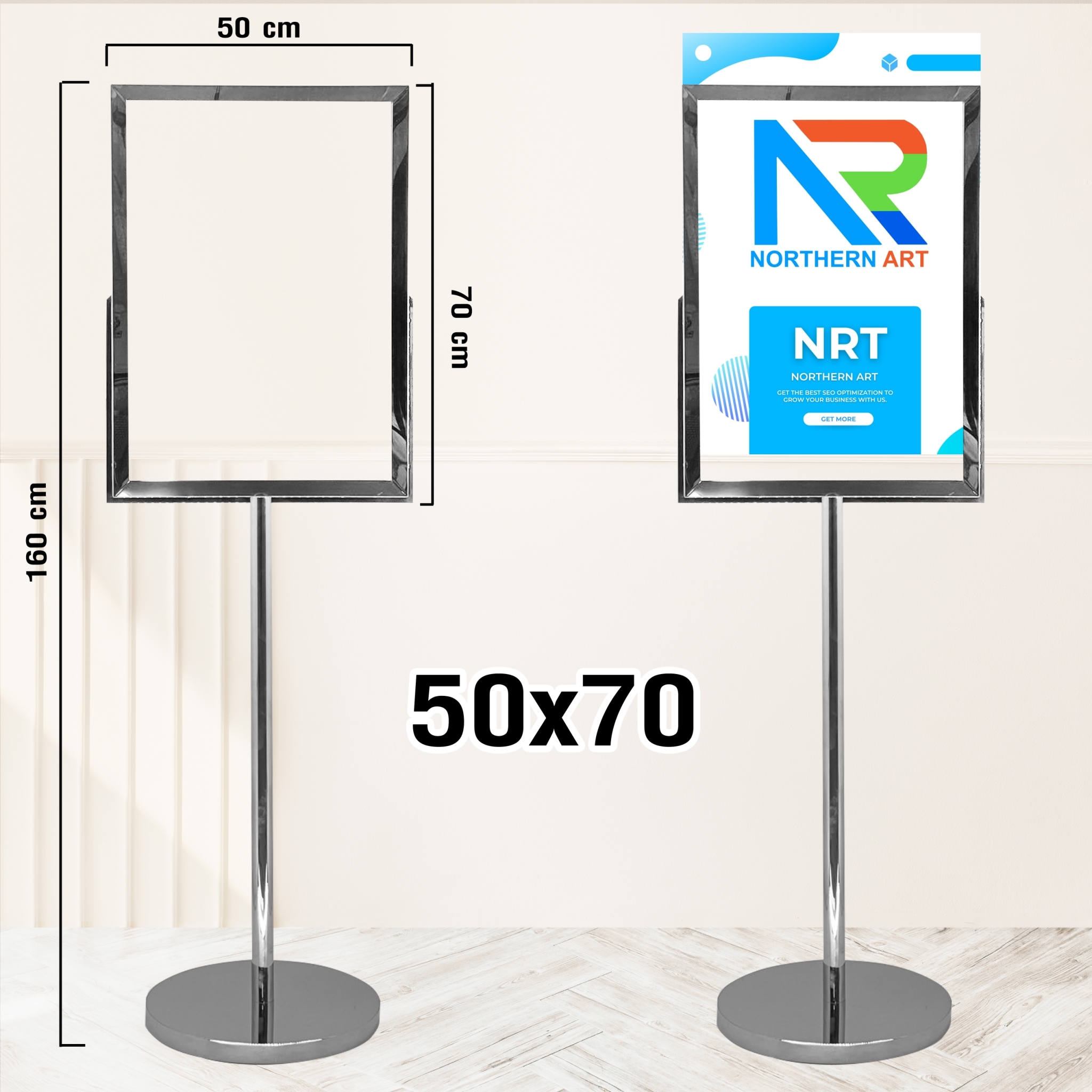 โปสเตอร์สแตนด์ สแตนเลส ฐานกลม เสาเดี่ยว ขนาด (W)50 x (L)70 x (H)160 cm.สแตนเลสเกรด304 พร้อมอะคริลิค หนา2 มม. 2 แผ่น ประกบ สอดงานพิมพ์ด้านบน
