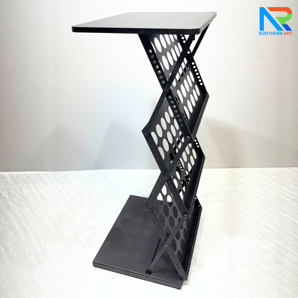 ชั้นวางโบรชัวร์เหล็กพร้อมTOPไม้สีดำ พับเก็บได้ ช่องใส่โบชัวร์ ขนาด A3 มี 3 ช่อง