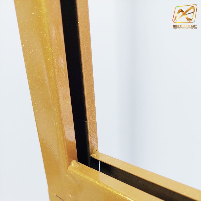 โปสเตอร์สแตนด์เหล็ก สีทอง เสาคู่ ขนาด 60X80 ซม.ฐานเหลี่ยม สอดงานพิมพ์ด้านบน โชว์งานพิมพ์ 2 ด้าน ถอดประกอบได้