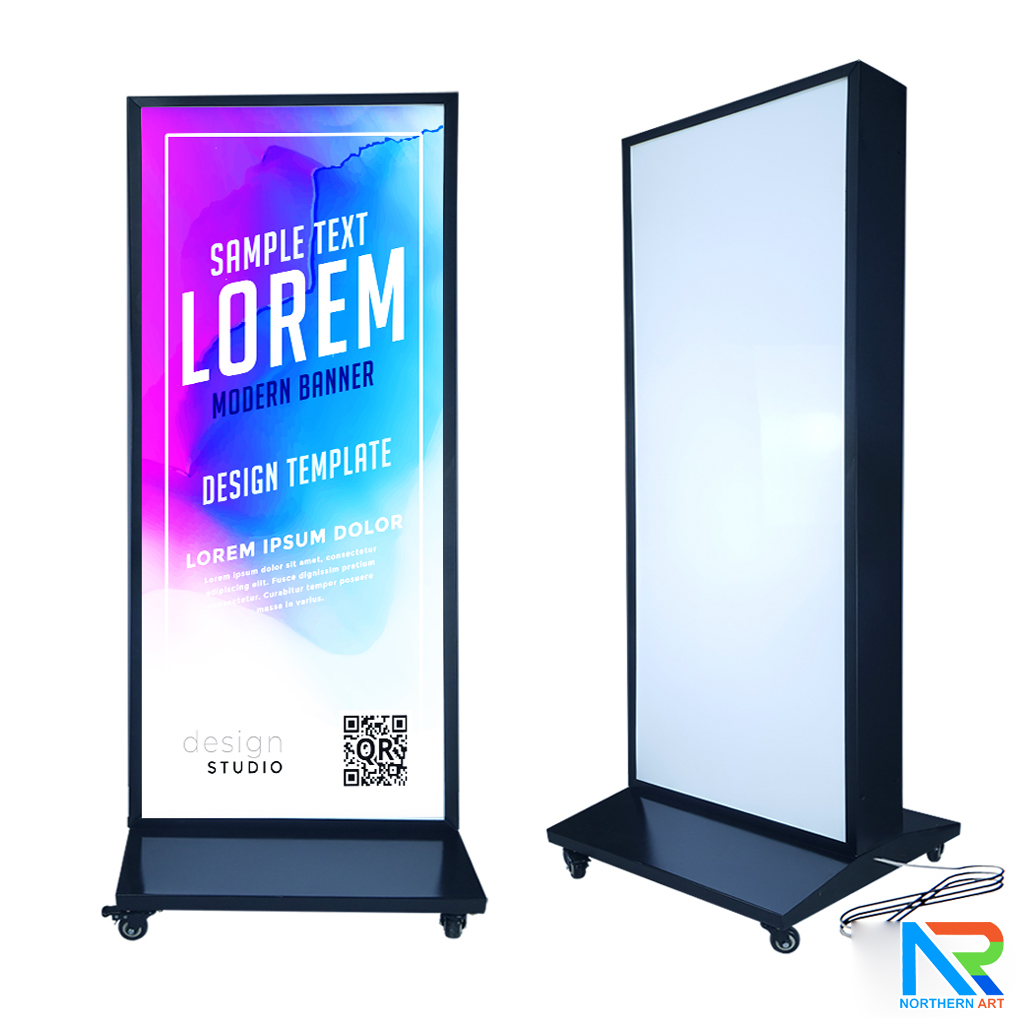 ตู้ไฟ LED ตั้งพื้น ฐานSLOPE ขนาด 60x175 ซม.โครงเหล็กพร้อมแผ่นซิงค์ สีดำ แผ่นอะคริลิค 2 แผ่น โชว์งานพิมพ์ 2 ด้าน มีล้อเลื่อน เคลื่อนย้ายสะดวก