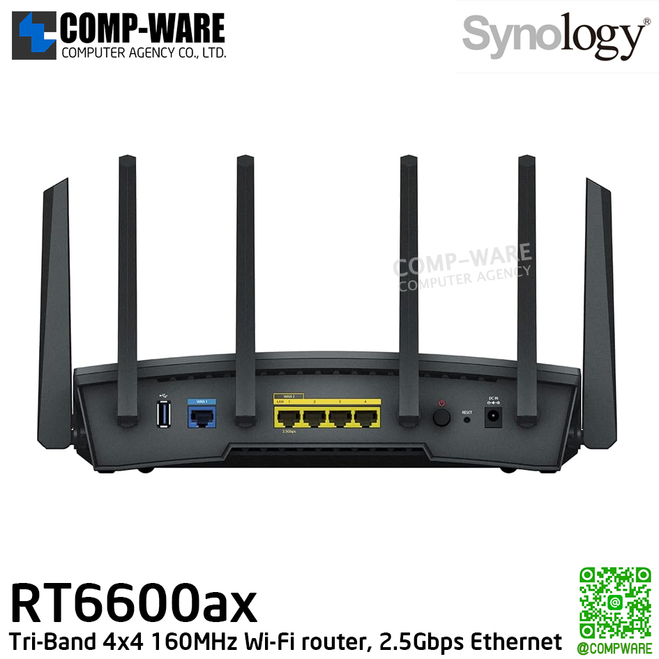 Synology RT6600ac Tri-Band 4x4 160MHz Wi-Fi router, 2.5Gbps Ethernet, VLAN segmentation, Multiple SSIDs, parental controls, Threat Prevention, VPN - 2Y Warranty