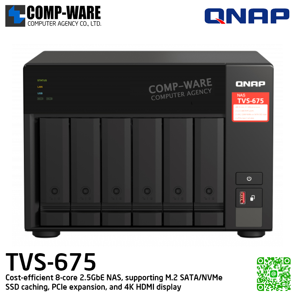 QNAP (Tower 6-Bay) TVS-675-8G / Zhaoxin Kaixian KX-U6580 (8C/8T) / 6x 2.5"/3.5" SATA 6Gbps, 2x M.2 2280/2260 SATA 6Gbps/PCIe NVMe / 2 x 2.5GbE / 250W Single PSU / 3Y Warranty / No HDD