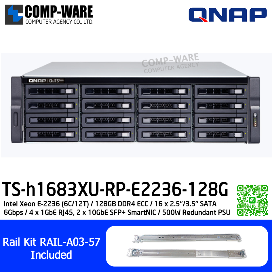 QNAP (3U 16-Bay) TS-h1683XU-RP-E2236-128G / Intel Xeon E-2236 (6C/12T) / 128GB DDR4 ECC / 16 x 2.5"/3.5" SATA 6Gbps / 4 x 1GbE RJ45, 2 x 10GbE SFP+ SmartNIC / 500W Redundant PSU / 3Y Warranty / No HDD / Rail Kit RAIL-A03-57