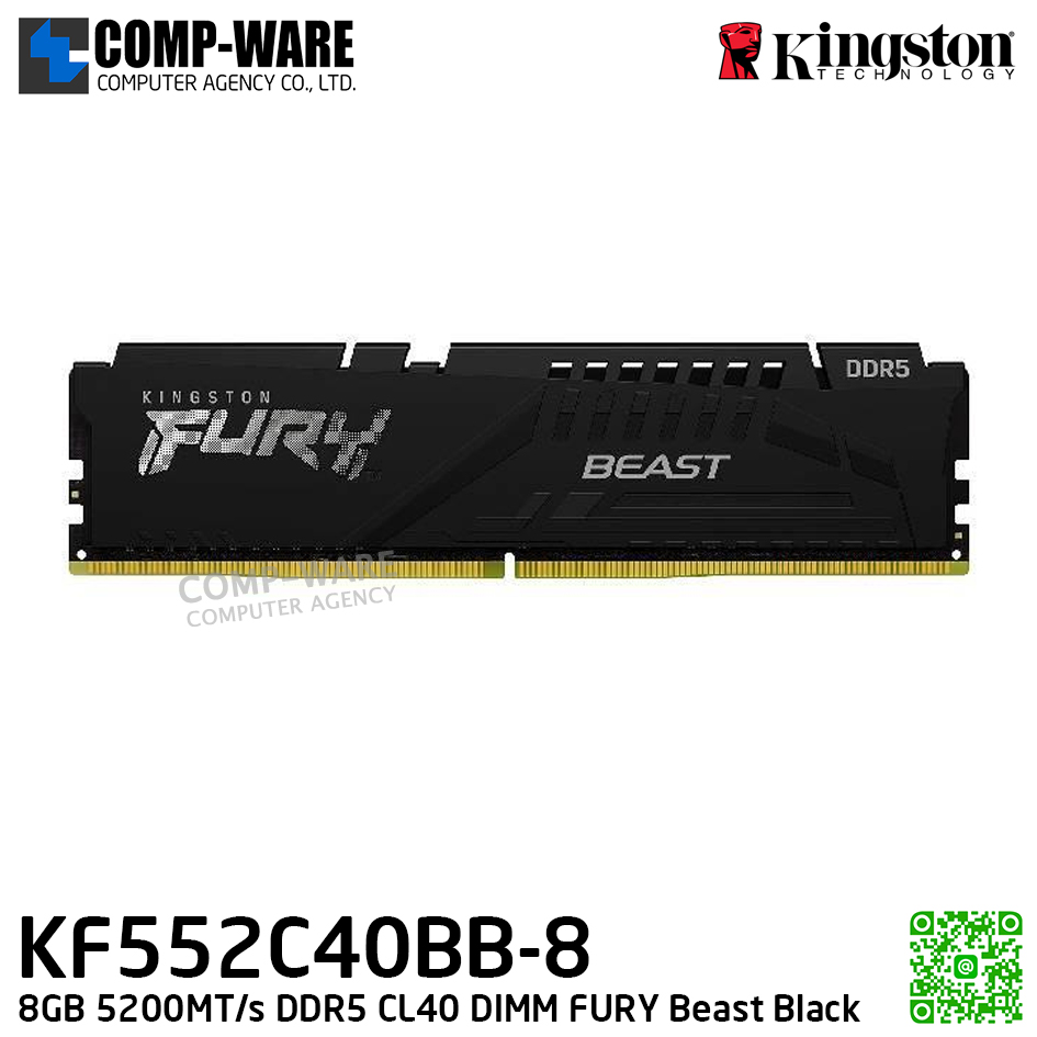 Kingston KF552C40BB-8 8GB 5200MT/s DDR5 CL40 DIMM FURY Beast Black - Lifetime Warranty - Memory Module - RAM