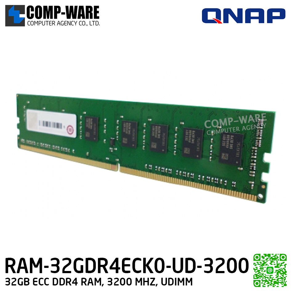 QNAP RAM Module 32GB ECC DDR4 3200MHz UDIMM (1Y Warranty) RAM-32GDR4ECK0-UD-3200