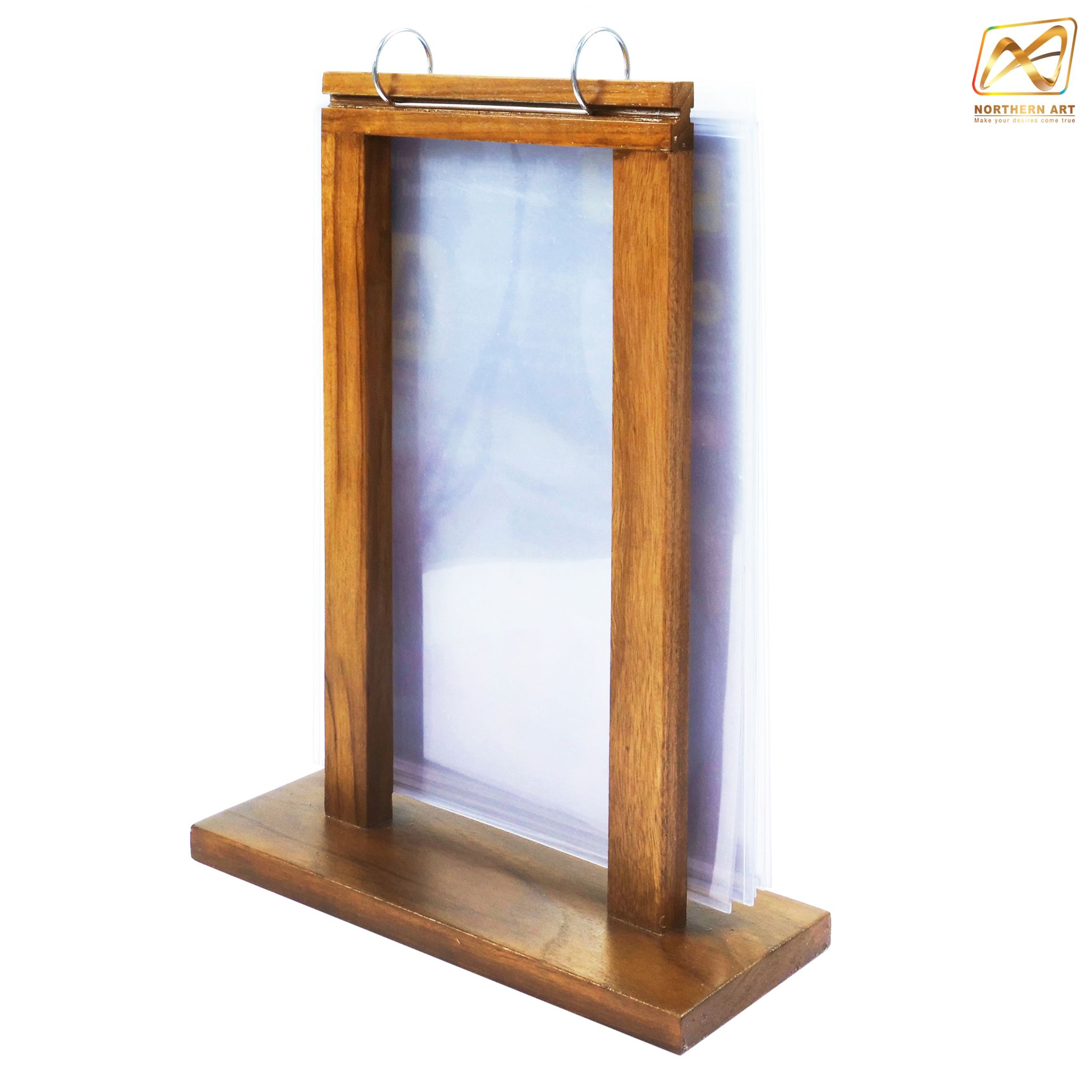 เมนูสแตนไม้ ตั้งโต๊ะ D8 ขนาดA4 ไม้จริงสีสักพร้อมห่วง 2 อันและซอง 5 ซอง โชว์งานพิมพ์ 2 ด้าน