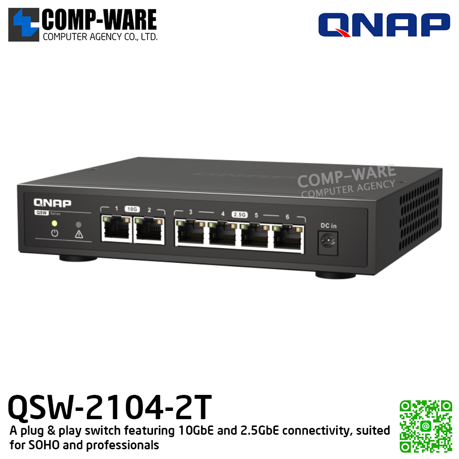 QNAP Switch QSW-2104-2T / Broadcom BCM 53161 / 16MB Memory / 2-ports 10GbE RJ45, 4-ports 2.5GbE RJ45, unmanaged switch / Adapter Power / 2Y Warranty