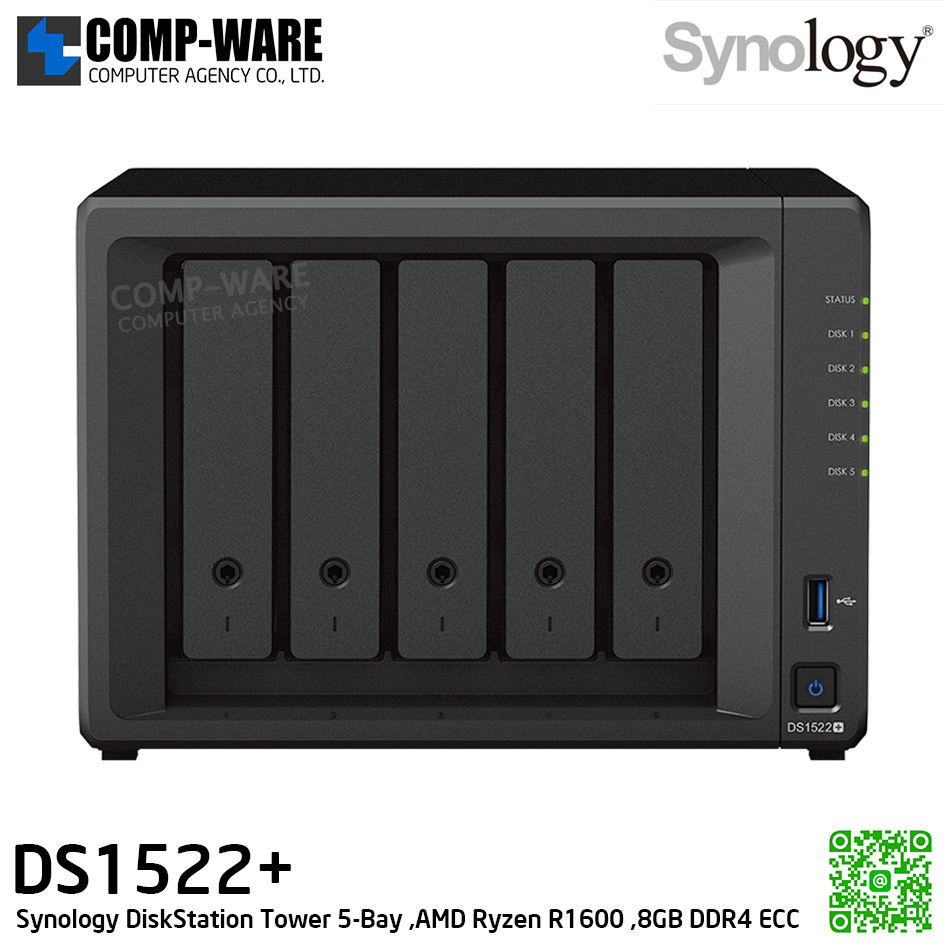 Synology DiskStation (Tower 5-Bay) DS1522+ / AMD Ryzen R1600 / 8GB DDR4 ECC / 5 x 3.5" SATA HDD or 2.5" SATA SSD / 2 x M.2 2280 NVMe / 4 x RJ-45 1GbE / 3Y Warranty / No HDD