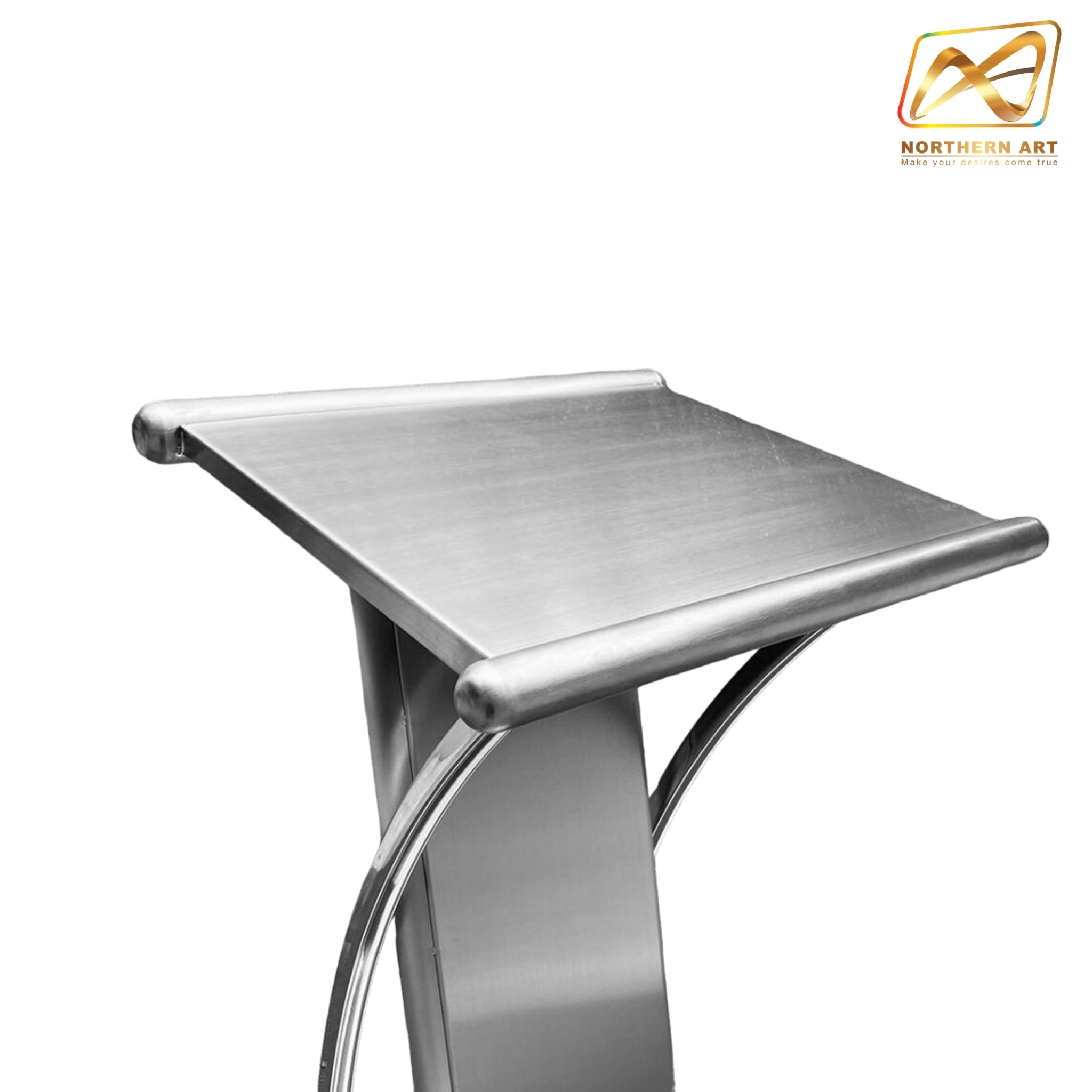 โพเดียมสแตนเลส แฮร์ไลน์ ST-01 ขนาด TOP (W)57 x (L)49 สูง (H)116 ซม. ตกแต่งสแตนเลสโค้งด้านข้าง เกรด304 แข็งแรงทนทาน