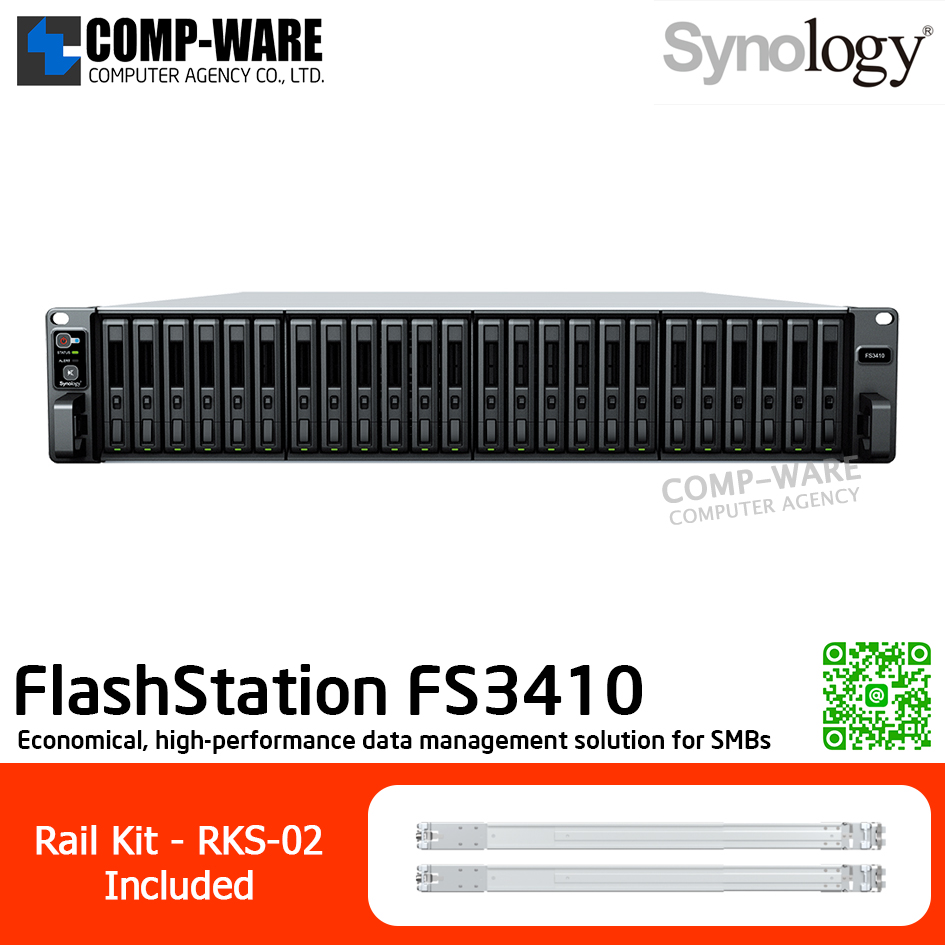 Synology FlashStation (2U 24-Bay 2.5'' SATA SSD) FS3410 / Intel Xeon D-1541 / 16GB DDR4 ECC RDIMM (Max. 128GB) / 4x1GbE Base T, 2x10GbE Base T / Redundant Power / Rail kit RKS-02 / No HDD / 5Y Warranty