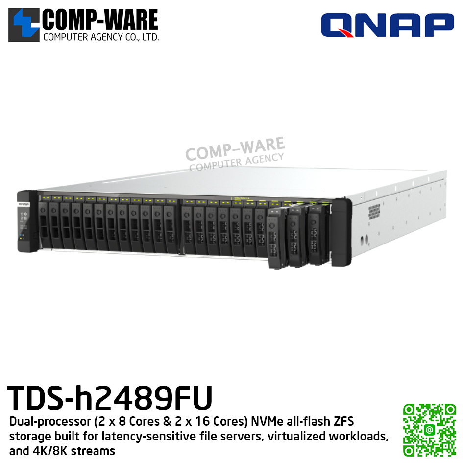QNAP (2U 24-Bay) TDS-h2489FU-4314-1TB / 2 x Intel Xeon Silver 4314 (16C/32T) / 1TB RDIMM DDR4 ECC (32 x 32GB) / 24 x 2.5" NVMe Gen4 x4 U.2 / 4 x 2.5GbE + 2 x 25GbE SFP28 (PCIe card) / 1200W Redundant PSU / 5Y Warranty / No HDD / Rail Kit RAIL-E03