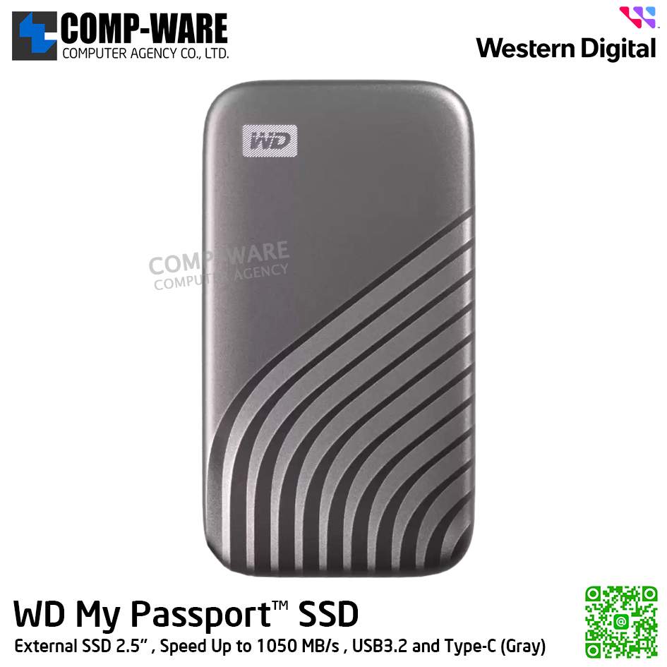 WD 2TB My Passport SSD External SSD 2.5" , Speed Up to 1050 MB/s , USB3.2 and Type-C (Gray) WDBAGF0020BGY-WESN รับประกัน 3 ปี