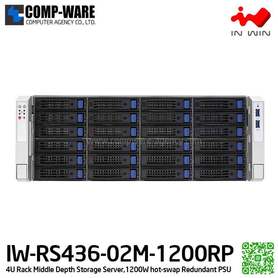 IN-WIN IW-RS436-02M-1200RP 4U Rackmount Middle Depth Storage Server, 1200W hot-swap Redundant Power Supply (เคสเปล่า+พาวเวอร์ซัพพลาย) รับประกัน 3ปี