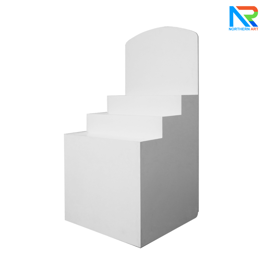 เช่าชั้นวางพลาสวูดขั้นบันได ขนาด (W) 80 x (L)64 x (H)160 cm. มีล้อเลื่อนพร้อมตู้เก็บของด้านหลัง