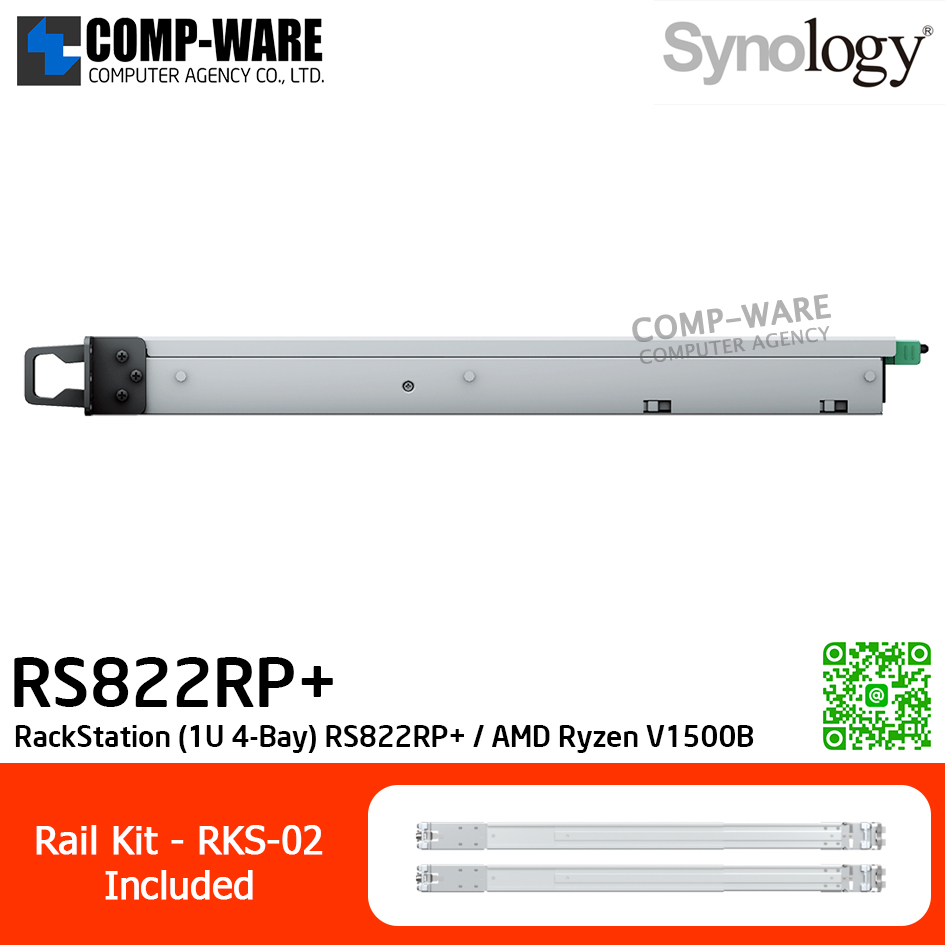 Synology RackStation (1U 4-Bay) RS822RP+ / AMD Ryzen V1500B / 2GB DDR4 ECC SODIMM / 4 x 3.5" SATA HDD or 2.5" SATA SSD / 4 x RJ-45 1GbE / Redundant PSU / with Rail Kit RKS-02 / No HDD / 3Y Warranty