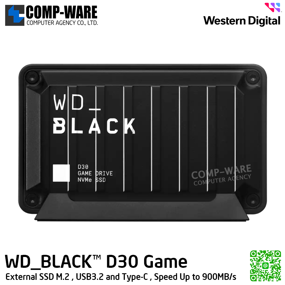 WD Black D30 Game Drive SSD 1TB , External SSD M.2 , USB3.2 and Type-C , Speed Up to 900MB/s (Black) WDBATL0010BBK-WESN รับประกัน 3 ปี