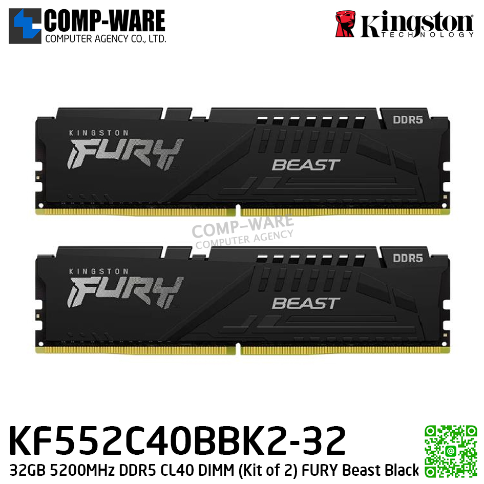 Kingston KF552C40BBK2-32 32GB 5200MHz DDR5 CL40 DIMM (Kit of 2) FURY Beast Black - Lifetime Warranty - Memory Module - RAM