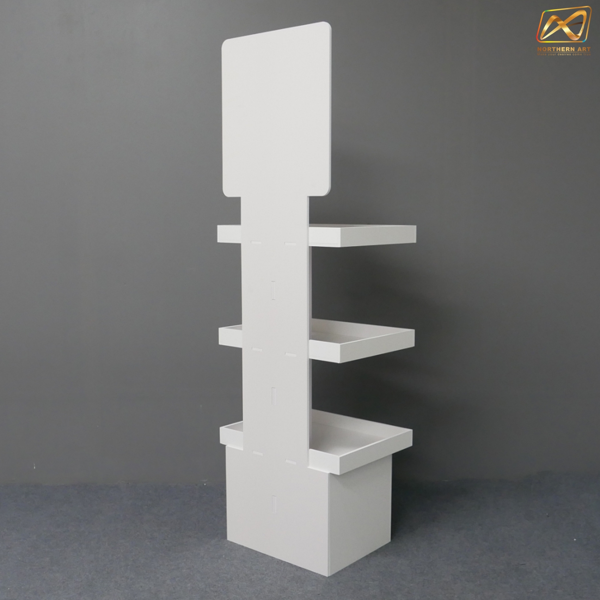 ชั้นวางสินค้าพลาสวูด 3 ชั้น ขนาด (W)40 x (D)31.6 x (H)150 ซม. พลาสวูดหนา 8 มม.พร้อมงานพิมพ์สติ๊กเกอร์