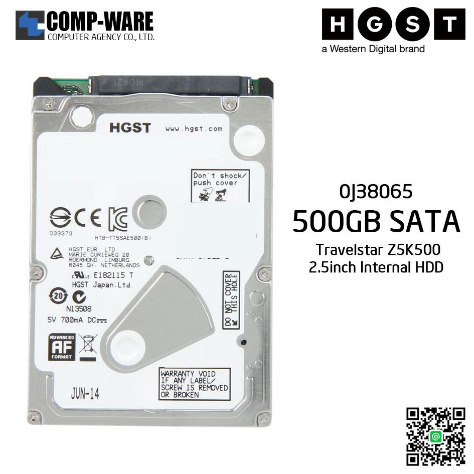 WD HGST Travelstar Z5K500 500GB 5400RPM SATA 6Gb/s 8MB Cache 2.5" Internal Hard Drive - 0J38065