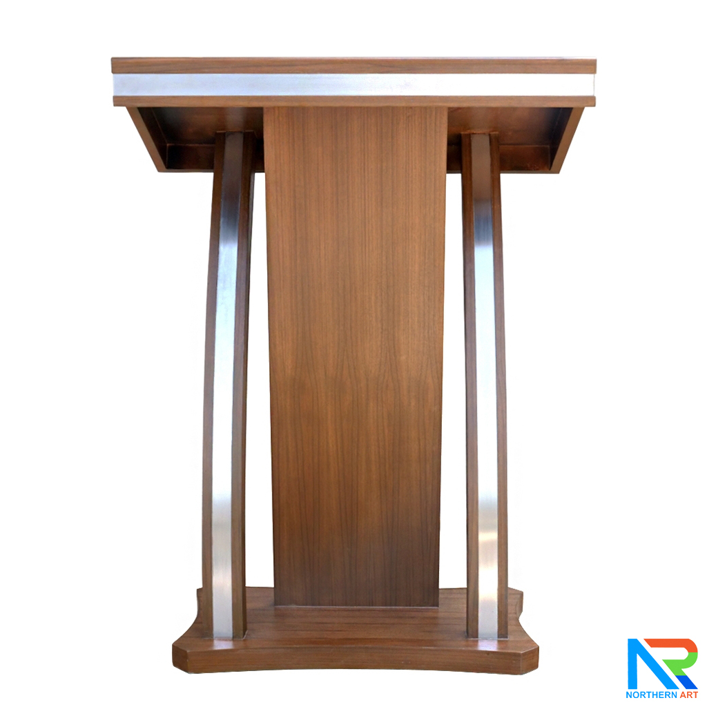 โพเดียมไม้ ยืนคู่ ขนาด 90x52x121 cm.ลายไม้ สีสัก แต่งไม้โค้งด้านข้าง พร้อมแถบลามิเนตสีเงินเงาTOPและ เสาข้าง