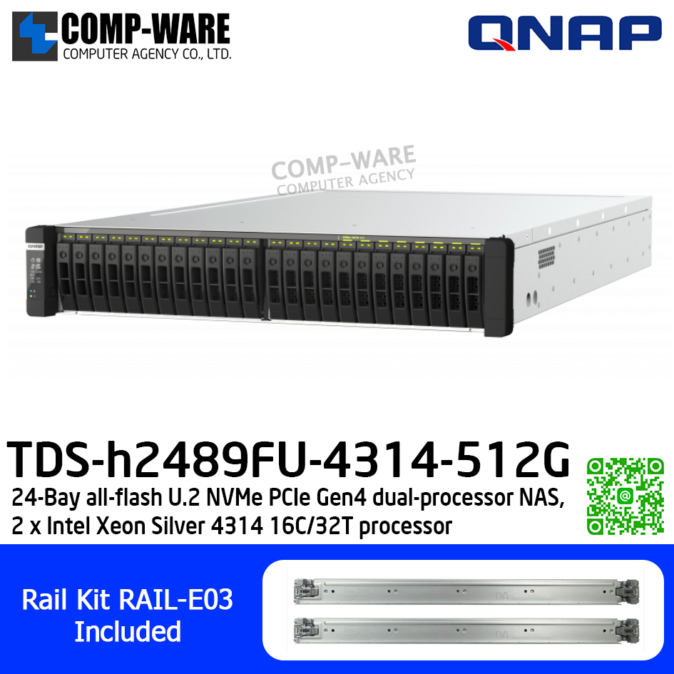 QNAP (2U 24-Bay) TDS-h2489FU-4314-512G / 2 x Intel Xeon Silver 4314 (16C/32T) / 512GB RDIMM DDR4 ECC (16 x 32GB) / 24 x 2.5" NVMe Gen4 x4 U.2 / 4 x 2.5GbE + 2 x 25GbE SFP28 (PCIe card) / 1200W Redundant PSU / 5Y Warranty / No HDD / Rail Kit RAIL-E03